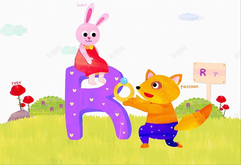 手绘卡通英文字母背景素材jpg设计背景_88icon https://88icon.com 兔子 动物 开心 狐狸 童趣 英文字母R 手绘 背景 海报