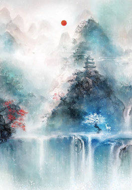 红日群山瀑布水墨画海报背景素材背景