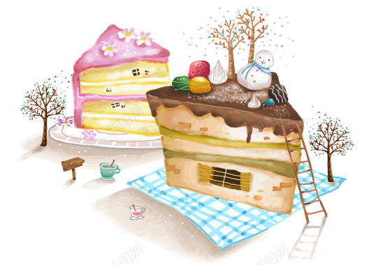 蛋糕上的树木和梯子背景素材背景