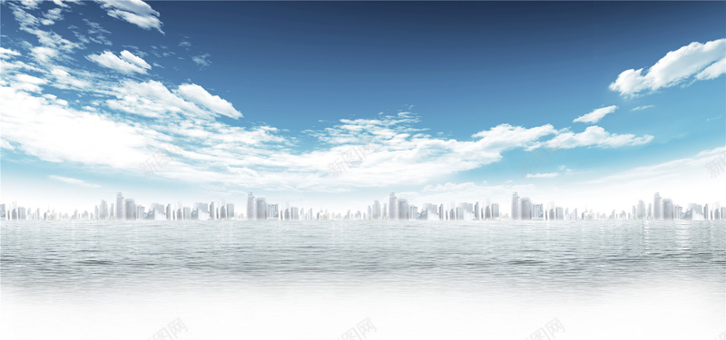 蓝天白云城市建筑大海背景