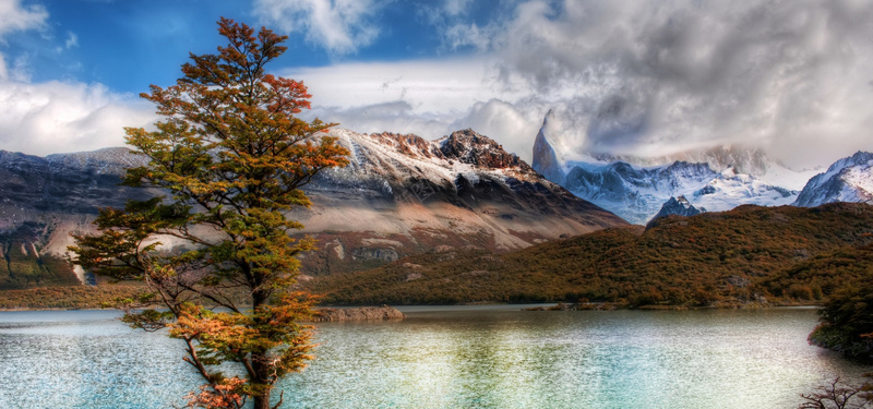 天空山坡湖水背景jpg设计背景_88icon https://88icon.com 湖水 天空 白云 山峰 自然风光 秋天 海报banner 摄影 风景