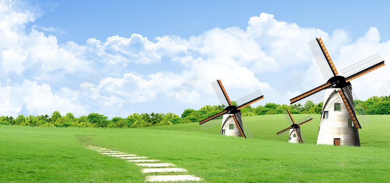 唯美大自然天空白云树木大风车小路绿色海报bannerpsd设计背景_88icon https://88icon.com 大自然 唯美 天空 树木 白云 大风车 小路 绿色 海报banner 文艺 小清新 简约