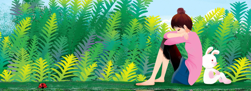 女孩与池塘风景插画背景