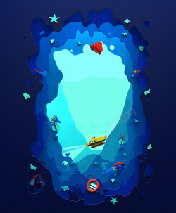 蓝色潜艇创意纸质海底世界展板背景高清图片