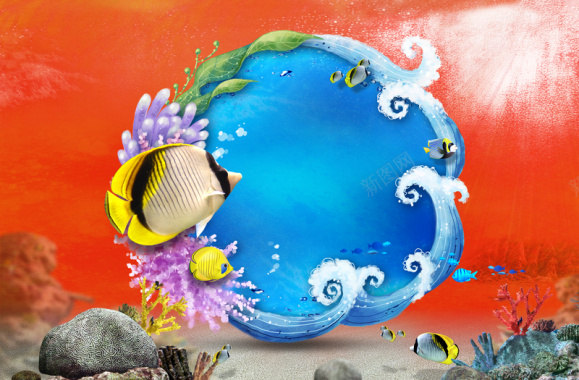 卡通蓝色圆圈海洋小鱼红色背景素材背景