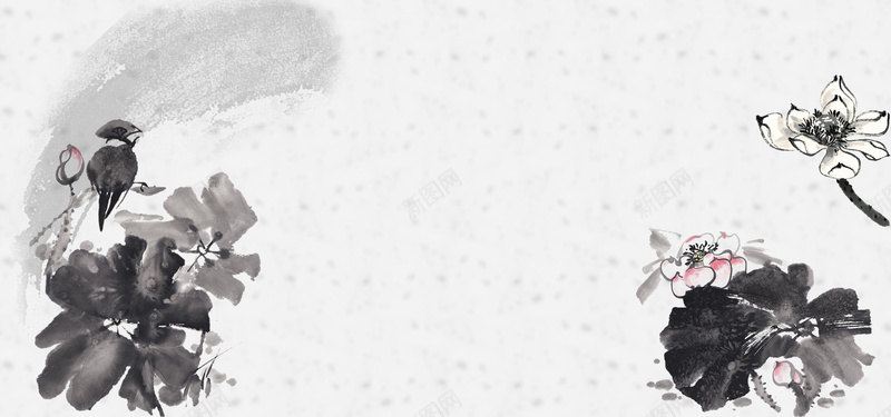 水墨复古风淡雅海报背景jpg设计背景_88icon https://88icon.com 大气 水墨 花 鸟 荷花 淡雅 中医 养生 禅意