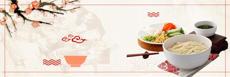 米色古典中式炸酱面面条美食banner背景