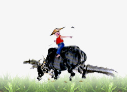 骑着牛的牧童水墨画元素素材
