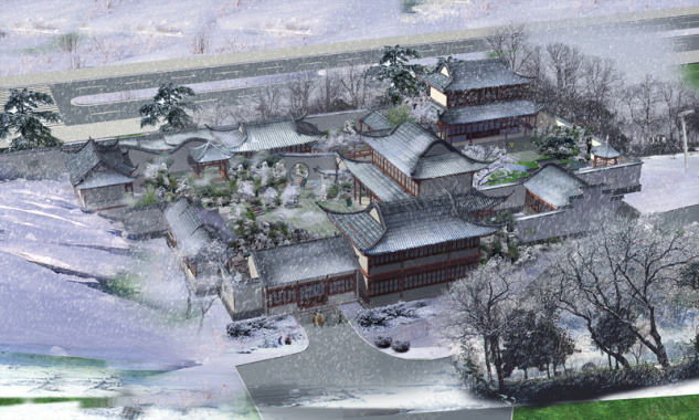 白雪覆盖的中国古典建筑庭院背景