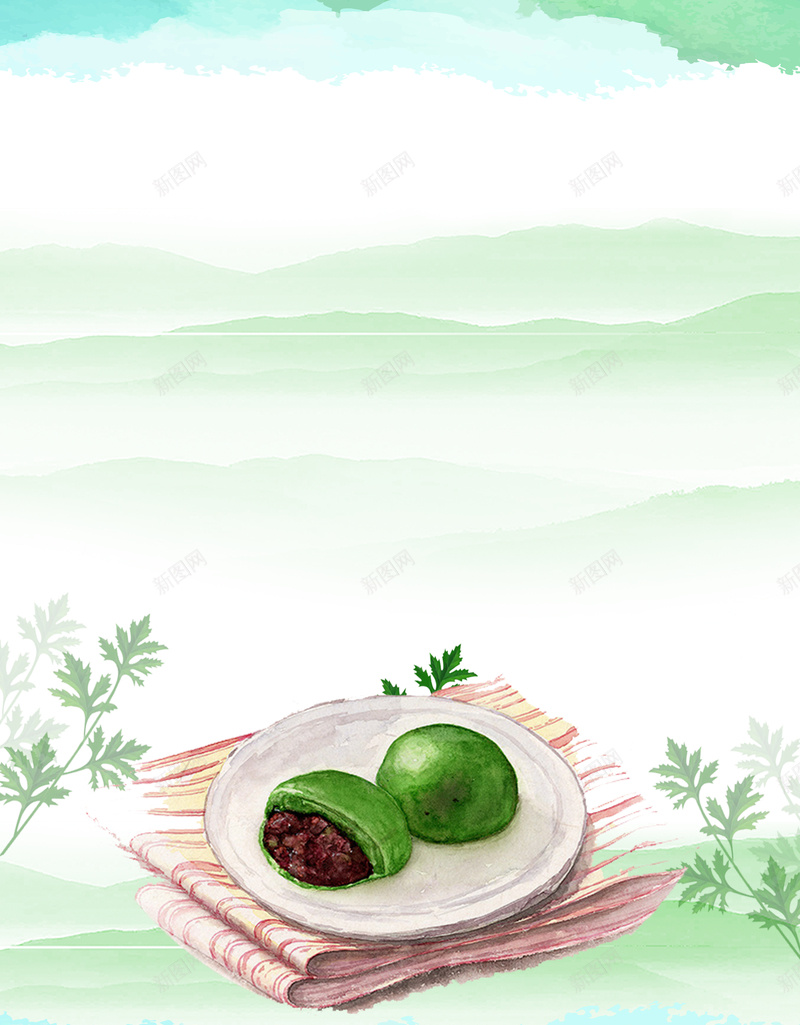 清明青团寒食糕点海报psd设计背景_88icon https://88icon.com 春季美食 风味小吃 寒食节 绿色 踏青 特色小吃 清明食物 手绘