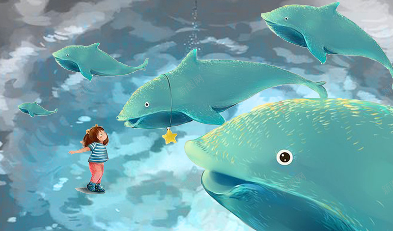 蓝色海洋海豚背景psd设计背景_88icon https://88icon.com 蓝色 海洋 绿色 小女孩 渐变 云层 波浪 浪漫 梦幻