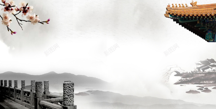 中国风山水梅花屋檐城墙海报背景背景