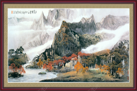 中国风国画山水画红叶映秋山背景