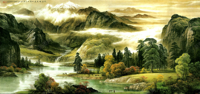 中国风山水画jpg设计背景_88icon https://88icon.com 中国风 山水 风景 国画 树木 牛 草地 放牛的人 迷雾 海报banner