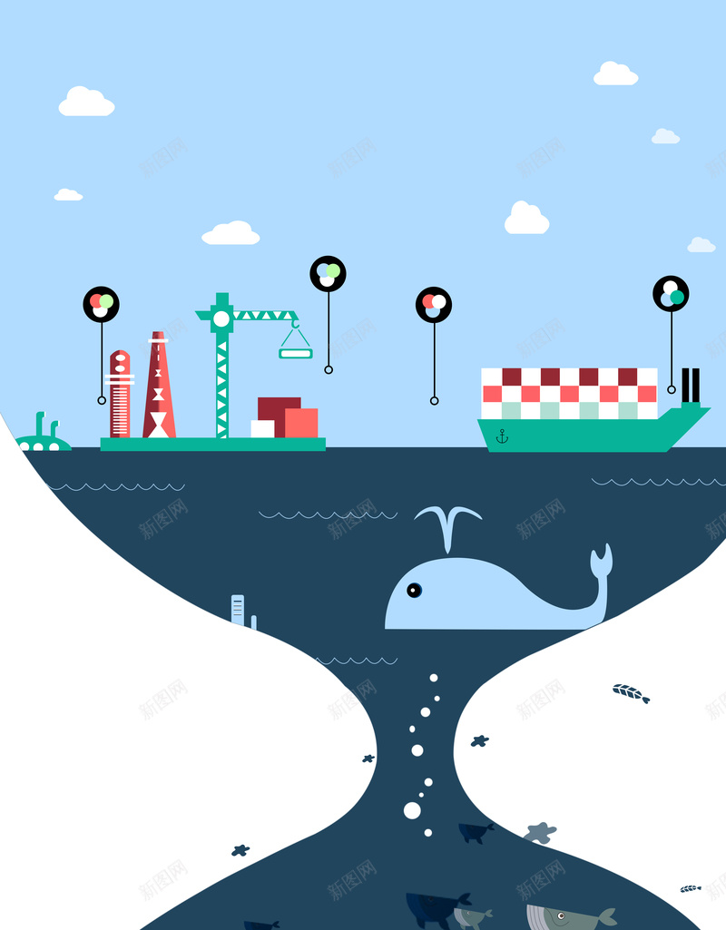 卡通保护环境背景图psd设计背景_88icon https://88icon.com 卡通 扁平 环保 工厂 鲸鱼 河水 污染 开心 童趣 手绘
