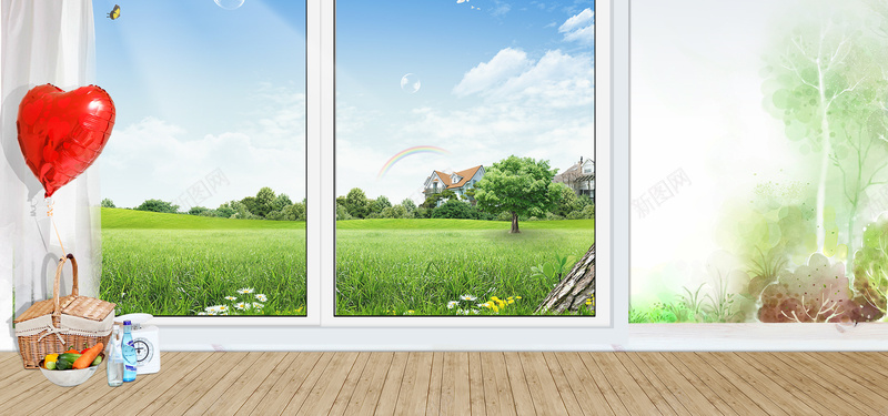 窗外psd设计背景_88icon https://88icon.com 海报banner 绿色草地 彩虹 房子 窗帘 卡通 童趣 手绘
