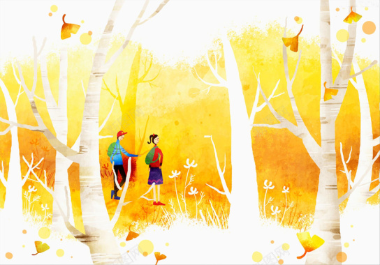 手绘秋天银杏树下情侣背景素材背景