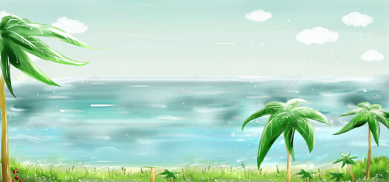 手绘椰子树大海天空背景背景
