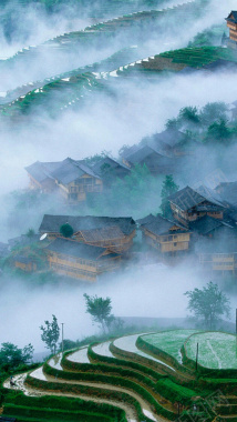 烟雾缭绕的农村清晨H5背景素材背景