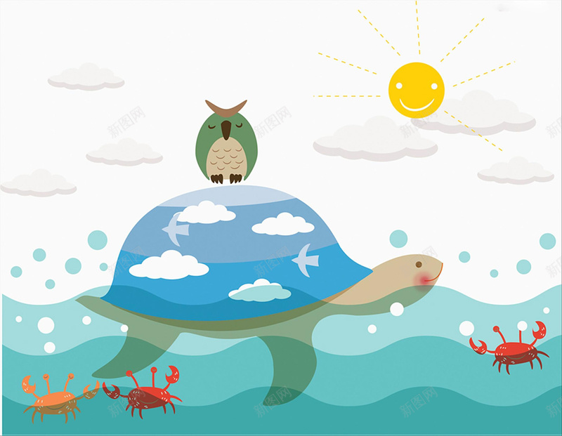 扁平动物插画背景素材jpg设计背景_88icon https://88icon.com 猫头鹰 乌龟 动物 扁平 海中 插画 背景 海报