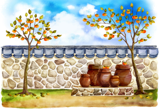 手绘幼儿园插画墙头瓦罐柿子树背景