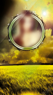 黄色稻田巨大圆形镜子科幻背景图背景