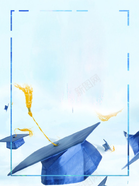 蓝色清新毕业季博士帽飞扬海报背景背景