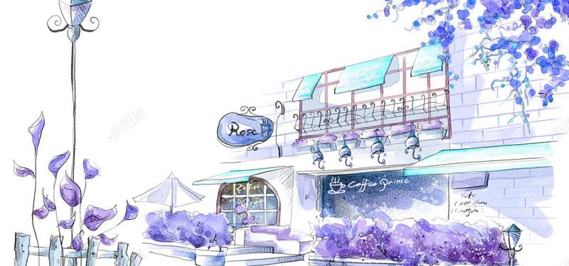 紫色咖啡店手绘插画背景