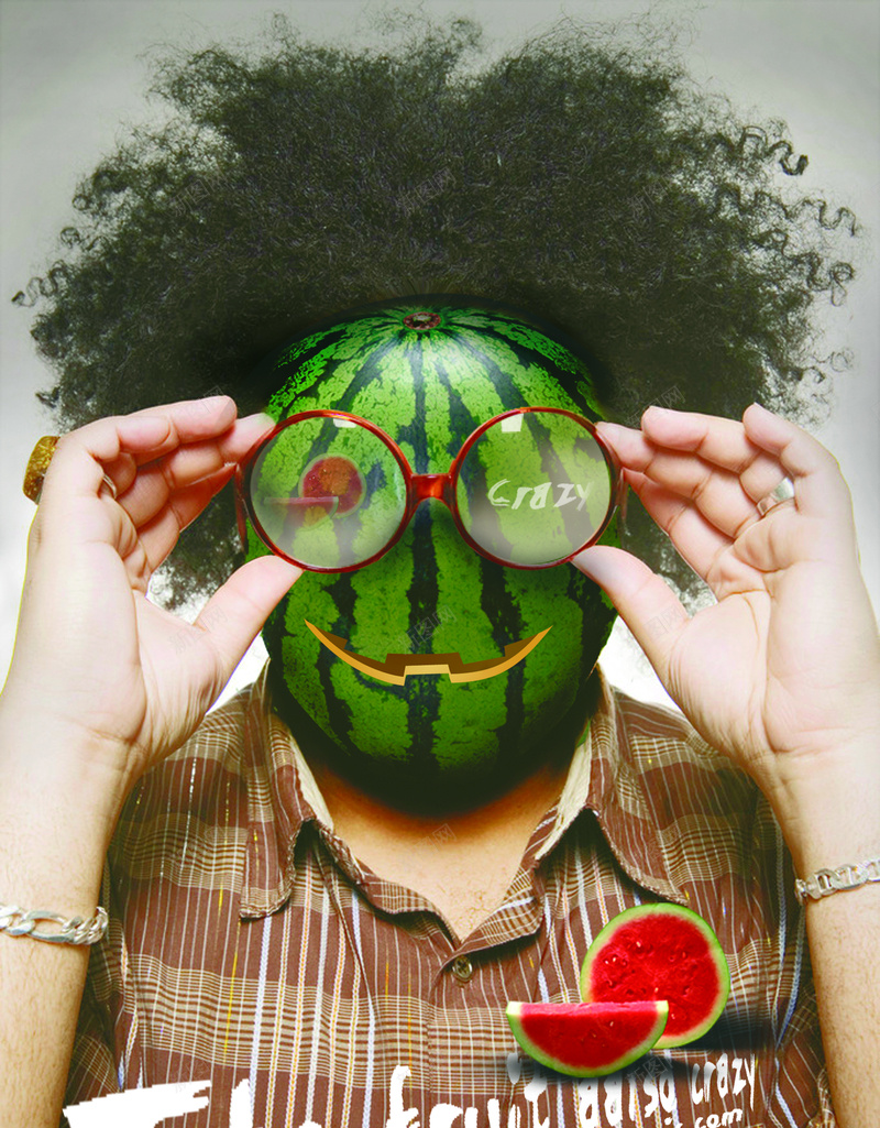 创意水果海报PSD分层素材psd设计背景_88icon https://88icon.com 人物 爆炸头 有机 蔬果 水果西瓜 眼镜 创意男人开心 激情 狂欢