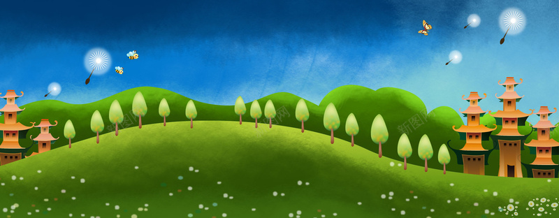 卡通草地蓝天背景psd设计背景_88icon https://88icon.com 蒲公英 卡通 草地 蓝天 塔 背景 儿童 母婴 淘宝背景 树 海报banner 童趣 手绘