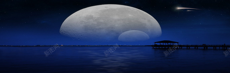 深蓝星空大海流星月球背景