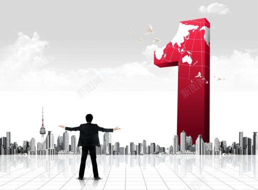 商业人士站在城市背景平台面对巨型数字图片背景