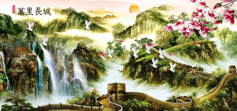 山水风景画jpg设计背景_88icon https://88icon.com 中国风 国画 山水画 风景 瀑布 仙鹤 玉兰花 城墙 海报banner