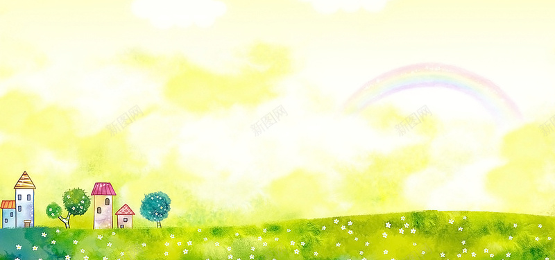 手绘卡通房屋建筑草坪树彩虹天空背景jpg设计背景_88icon https://88icon.com 海报banner 草坪树 卡通 手绘 童趣 手绘卡通房屋建筑 彩虹天空背景
