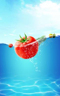 蓝色天空海水泳池西红柿辣椒苹果水果蔬菜背景