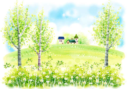 手绘幼儿园插画乡间小房子白桦背景