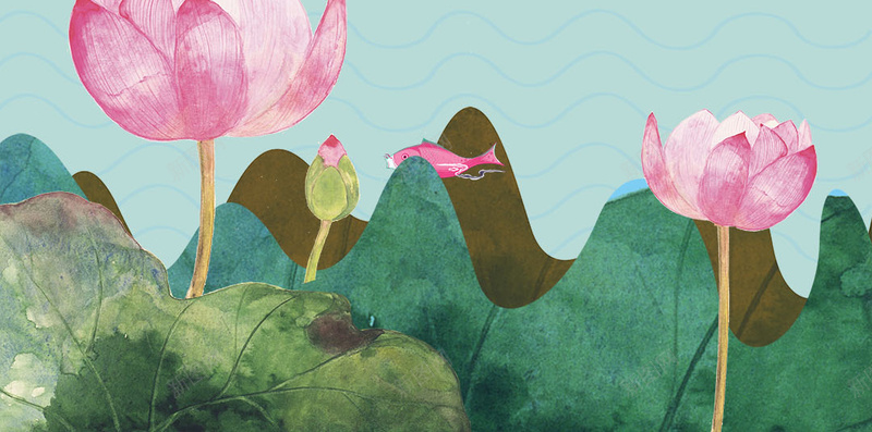 二十四节气荷花荷叶简约绿鱼中国风psd设计背景_88icon https://88icon.com 二十四节气 中国风 简约 荷叶 荷花 绿鱼 蓝色 商业 活动