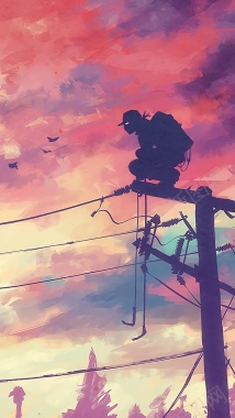电线杆上的男孩插画H5背景背景