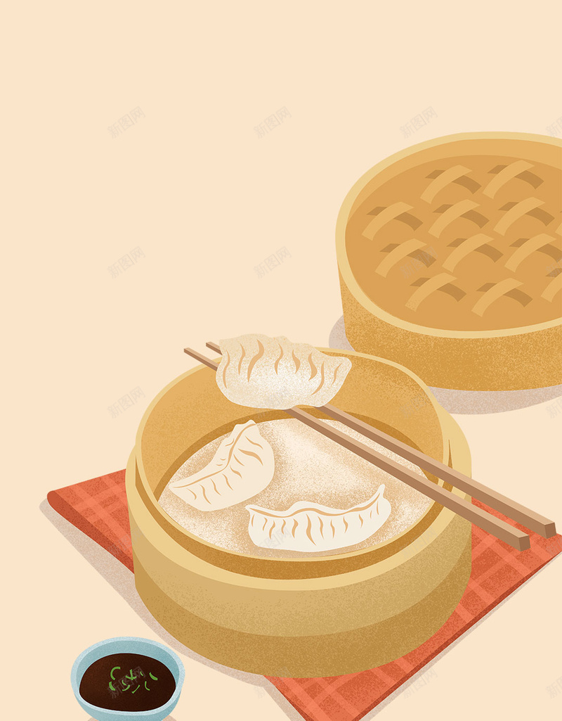 美食饺子蒸饺蒸笼原创插画psd设计背景_88icon https://88icon.com 原创插画 插画 美食 蒸笼 饺子 蒸饺 传统美食 中国美食 冬至 醋 碟子 桌布 餐布 手绘饺子