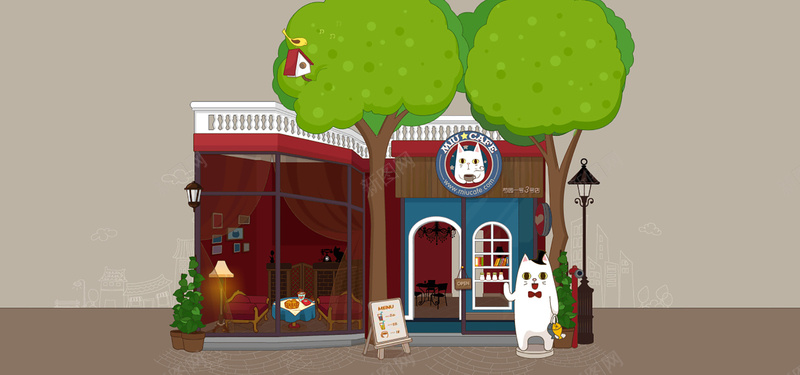 小猫的咖啡店背景图jpg设计背景_88icon https://88icon.com 咖啡店 可爱 小猫 树木 红色 海报banner 卡通 童趣 手绘