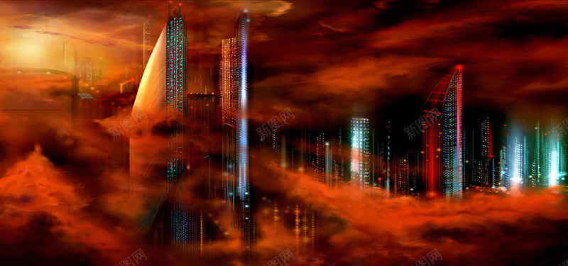 科幻红色烟雾城市建筑背景