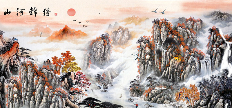 山水风景画jpg设计背景_88icon https://88icon.com 中国风 山水 风景画 国画 落日 船 河流 山 屋子 人 海报banner