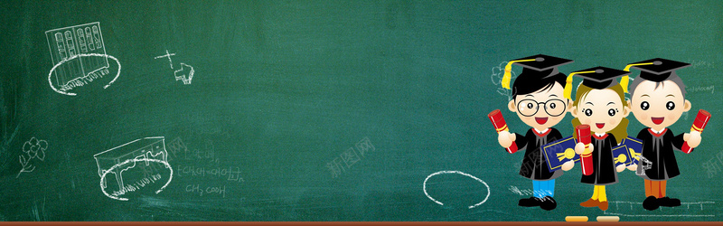 6月毕业季卡通手绘黑板绿色背景背景