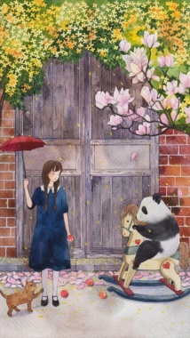 手绘卡通熊女孩花卉H5背景背景