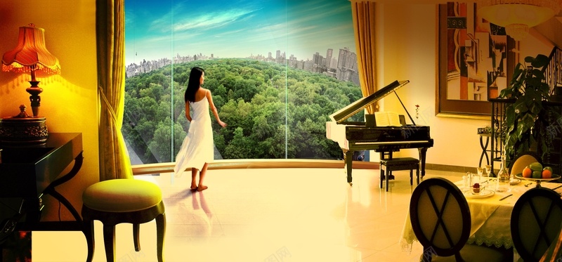 欧式建筑大厅美女与钢琴和窗外世界背景