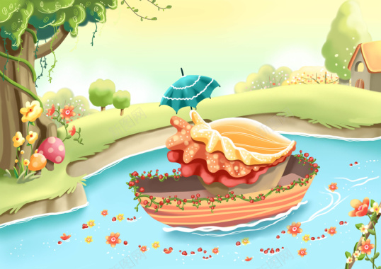 手绘幼儿园插画贝壳小船河流伞树背景