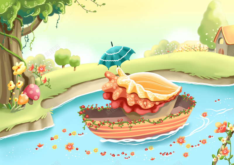 手绘幼儿园插画贝壳小船河流伞树psd设计背景_88icon https://88icon.com 幼儿园 小船 手绘 插画 贝壳 河流 伞 树