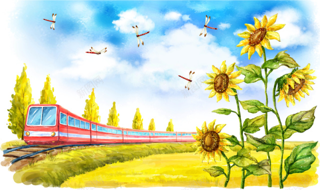 手绘幼儿园插画向日葵和谐号列车背景