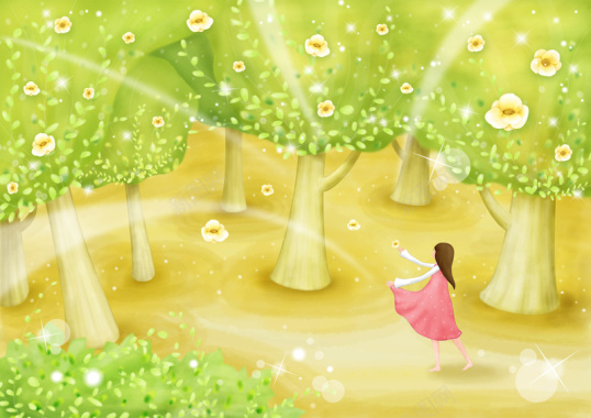 手绘幼儿园插画女孩森林风背景背景