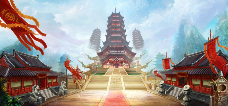 卡通塔背景bannerjpg设计背景_88icon https://88icon.com 卡通 塔 简约 中国建筑 旗 天空 中国风背景 全屏背景 banner